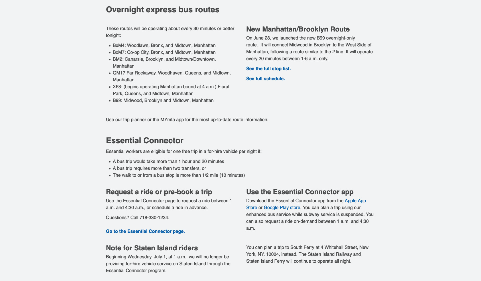 A cropped screenshot details enhanced overnight bus service. A section underneath talks about the Essential Connector, including how to plan a trip on the bus if a ride isn’t eligible for the Essential Connector.