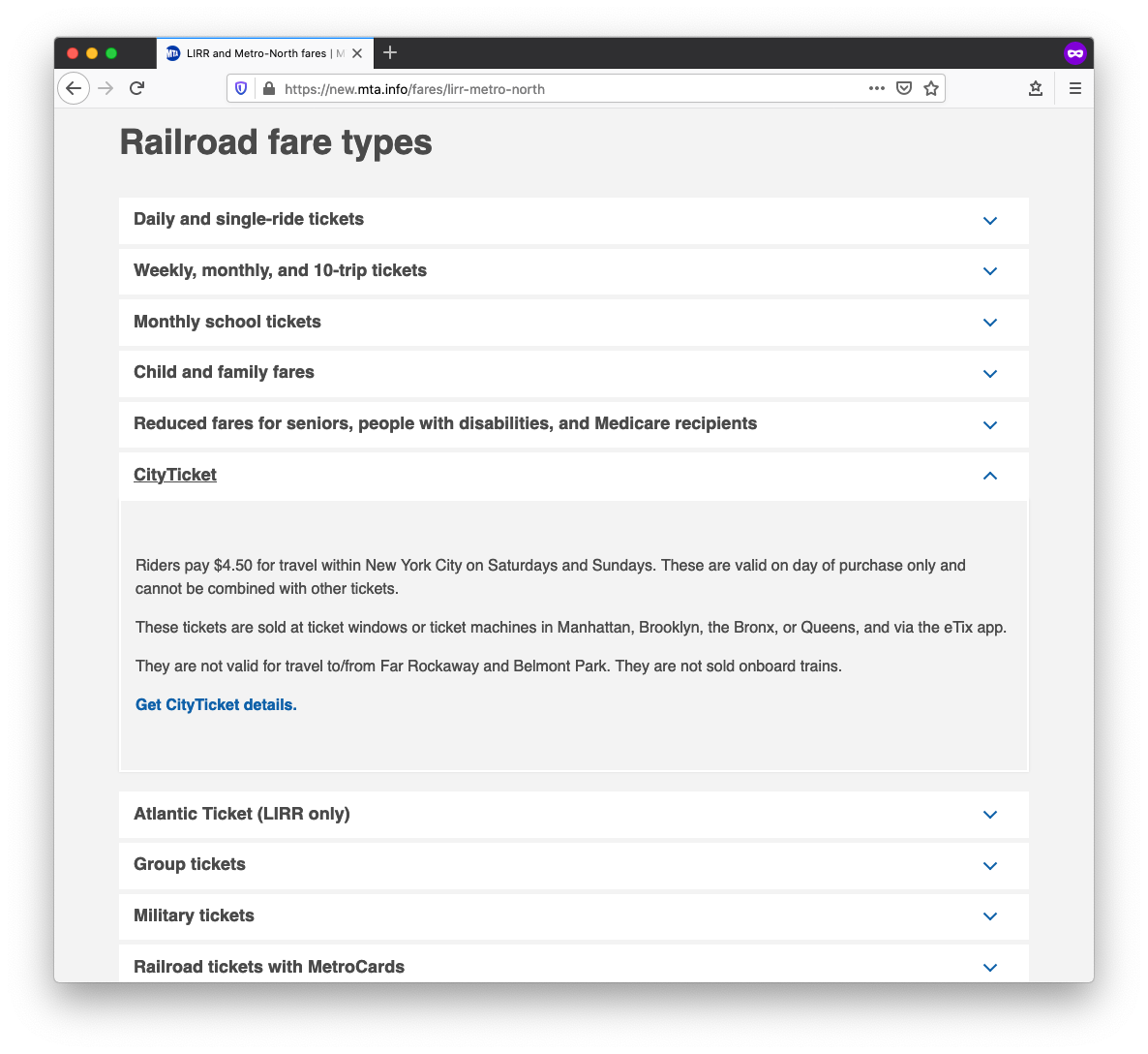 A screenshot of a webpage with a subhead reading “Railroad ticket types.” Underneath the subhead is a series of labels that expand and collapse when selected. One of the sections is expanded to show additional information about a ticket type. The rest are collapsed and only show the ticket type labels.