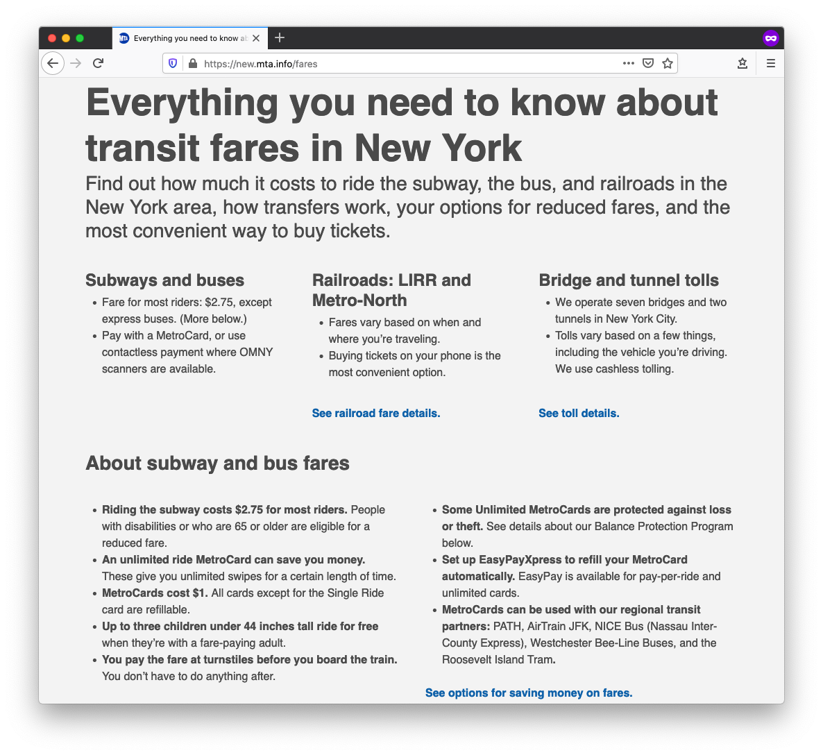 A screenshot of a webpage called “Everything you need to know about transit fares in New York.” There are sections at the top with bold subheads and bulleted lists. These show general fare and toll information, organized by mode of transit: subways and buses, railroads, and bridges and tunnels.